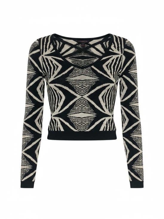 Material Girl Tops - Material Girl Black & Cream Geometric V-Neck Sweater
